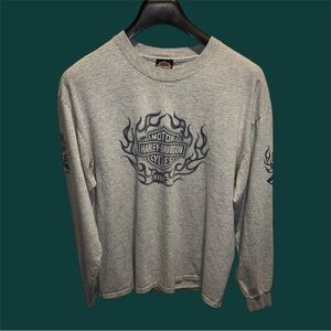 Vintage Harley Davidson Blue Flame Chicago Illinois Gray Long Sleeve TShirt